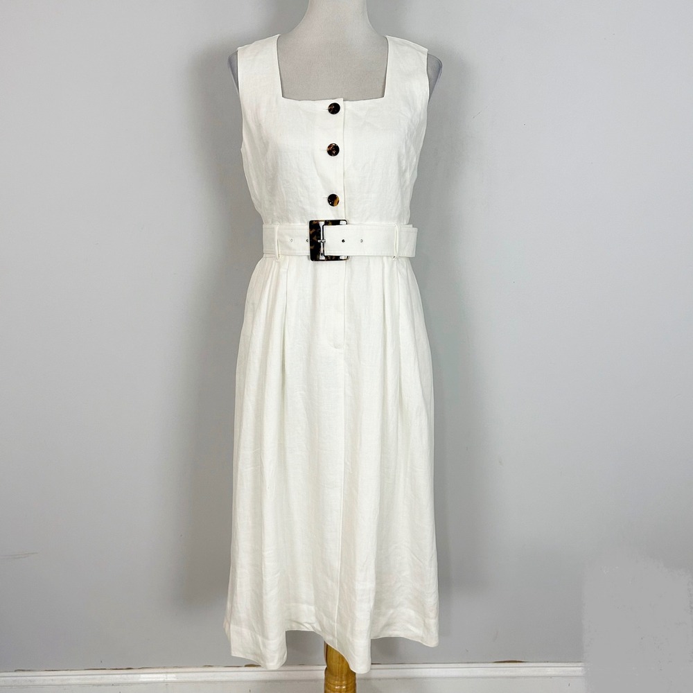 NEW Lafayette 148 Dress Ivory Linen Belted Sleeveless Midi Size Small Women's